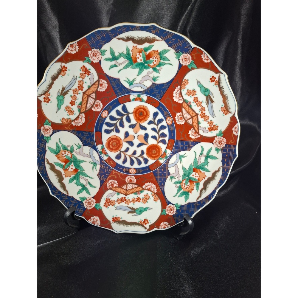 Vintage Japanese Imari Porcelain Charger Plate Scalloped Bird Floral Gold 12"